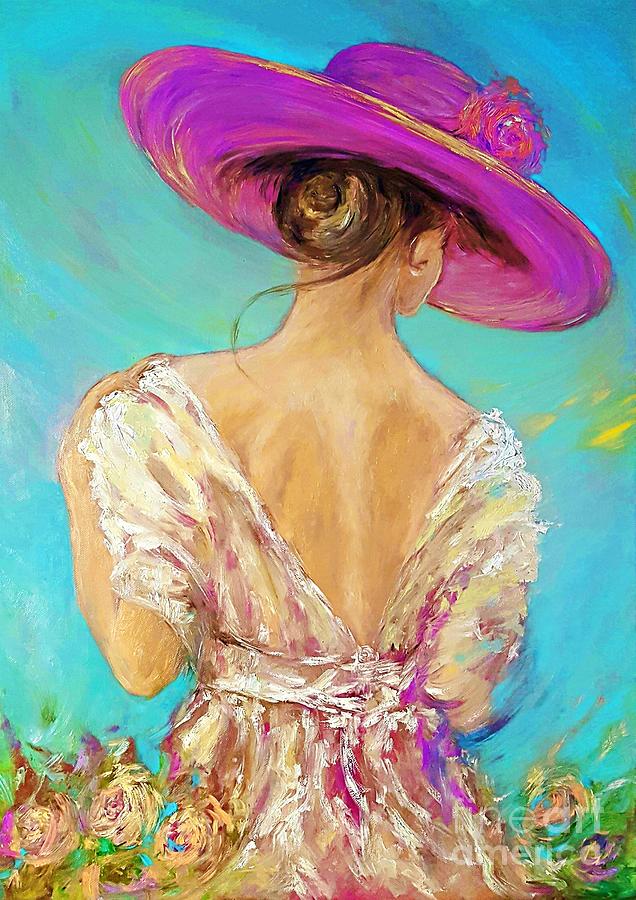 Rose Painting - Woman Wearing a Purple Hat Painting by Amalia Suruceanu