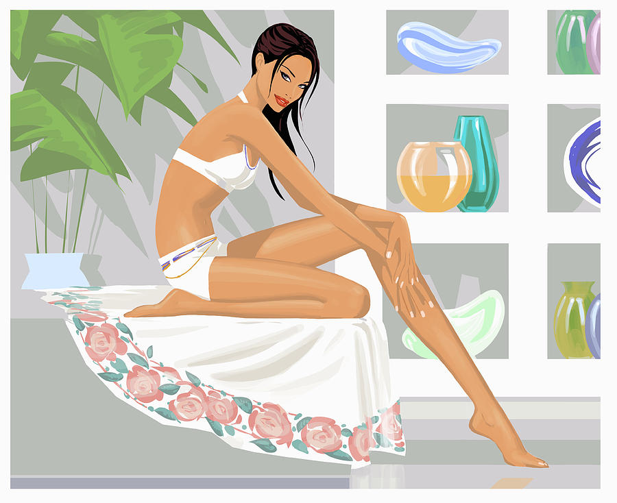 Woman Wearing a White Bikini Sitting in a Spa Drawing by Mike Wall