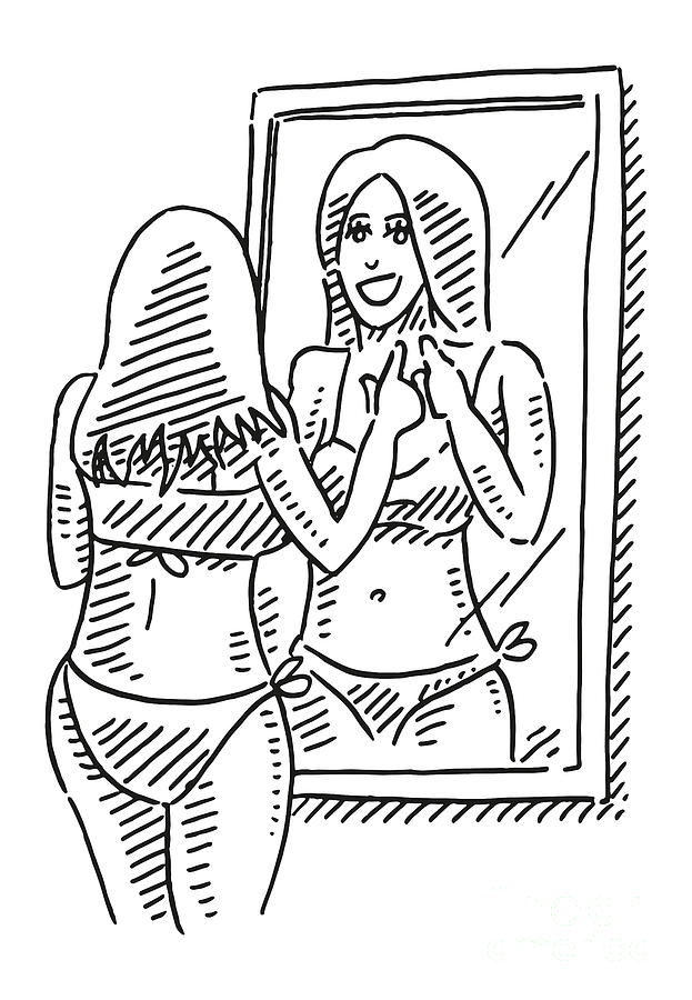 Black And White Drawing - Woman Wearing Bikini Looking In A Mirror Drawing by Frank Ramspott
