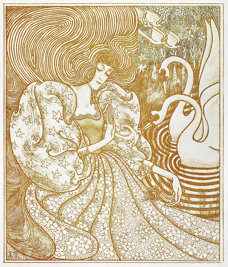 Impressionism Painting - Woman with a Butterfly at a Pond with Two Swans - Digital Remastered Edition by Jan Toorop