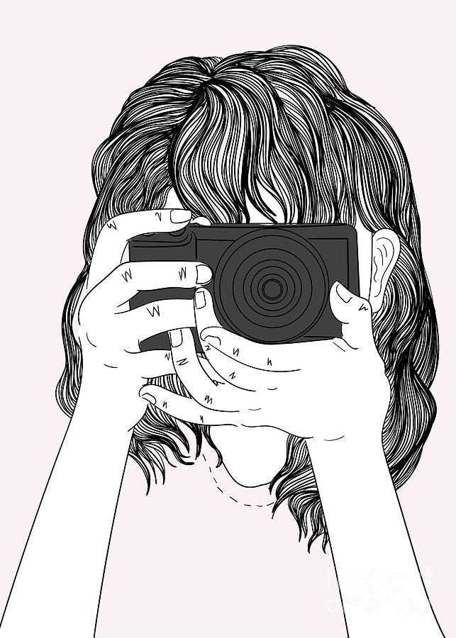 Woman With A Camera - Line Art Graphic Illustration Artwork Digital Art by Sambel Pedes