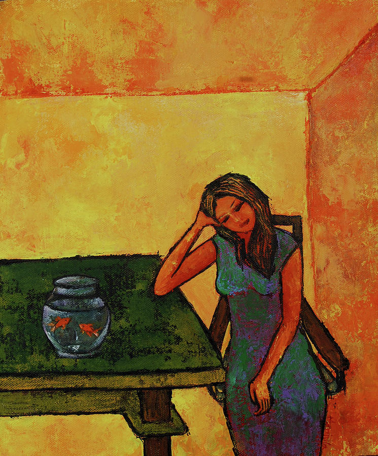 Woman With A Fish Bowl Painting by Manjula Prabhakaran Dubey