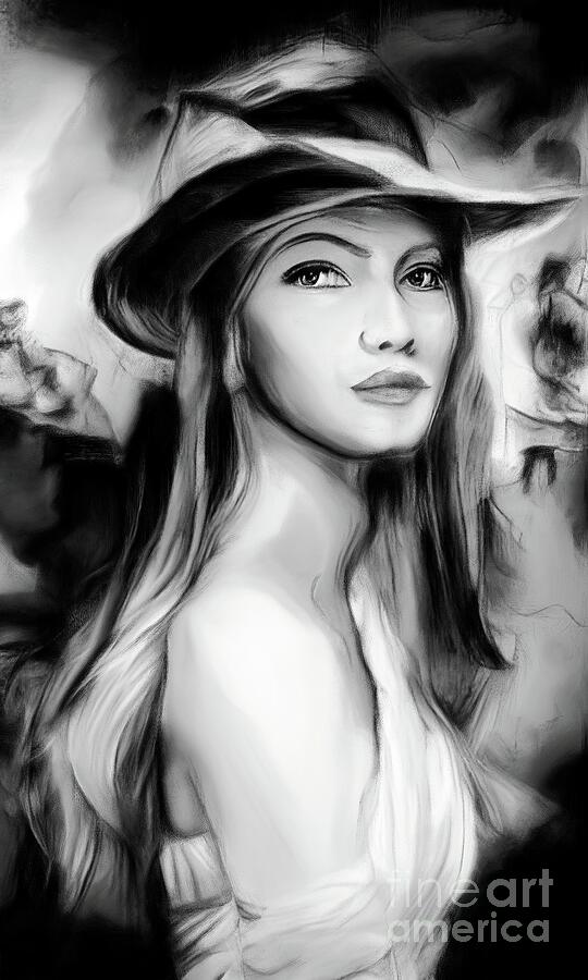 Woman With A Hat - Black And White Digital Art