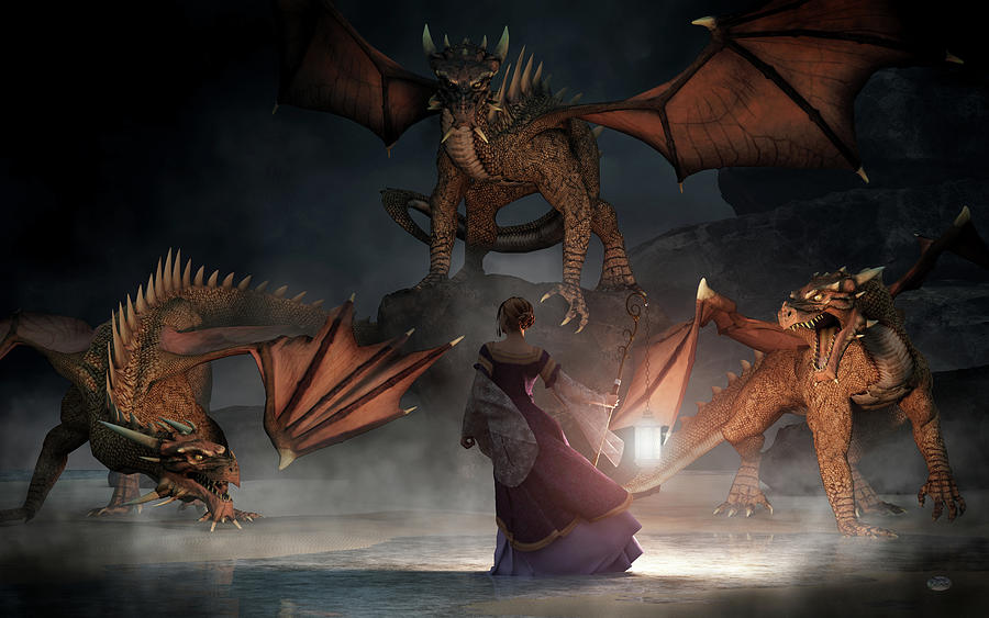 Woman with a Lantern Facing Dragons Digital Art by Daniel Eskridge