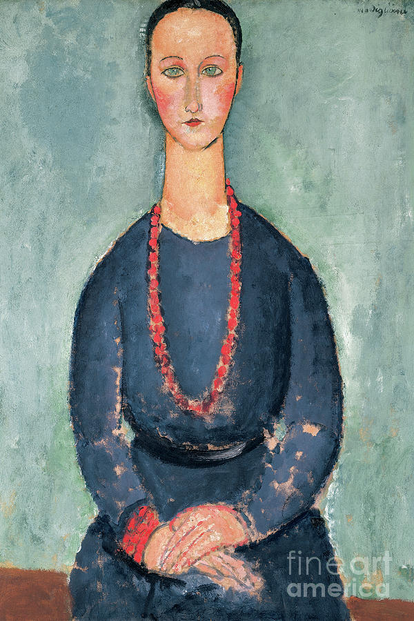Woman with a Red Necklace, 1918 Painting by Amedeo Modigliani