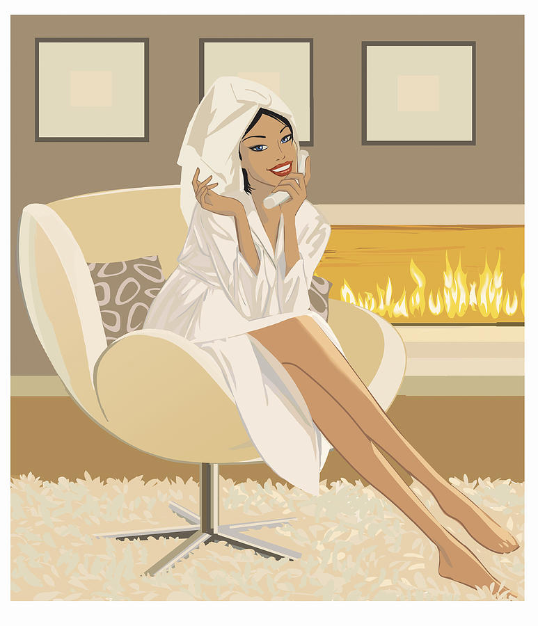 Woman With a Towel Wrapped Around her Head Sits in a Chair Talking to a Cordless Phone, Illustration Drawing by Mike Wall