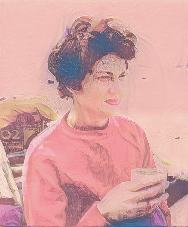 Woman With Coffee Cup Pink Digital Art by Cathy Anderson