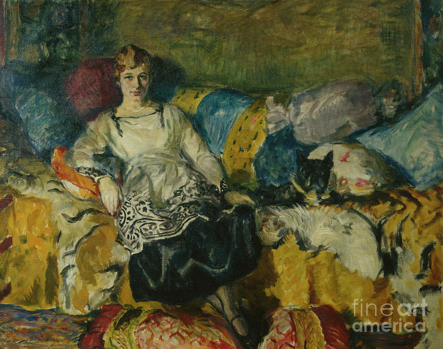 Woman with dog in the sofa, 1918 Painting by O Vaering by Bernhard Folkestad