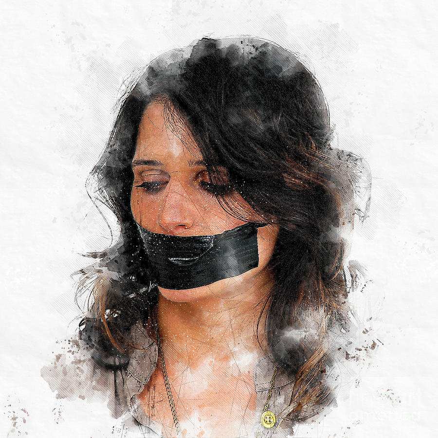 Gagged Digital Art - Woman With Duct Taped Mouth L2 by Humorous Quotes