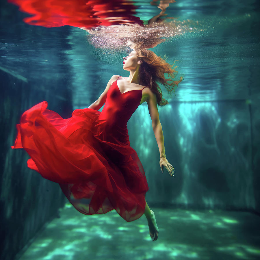 Woman with floating red dress in pool 01 Digital Art by Matthias Hauser