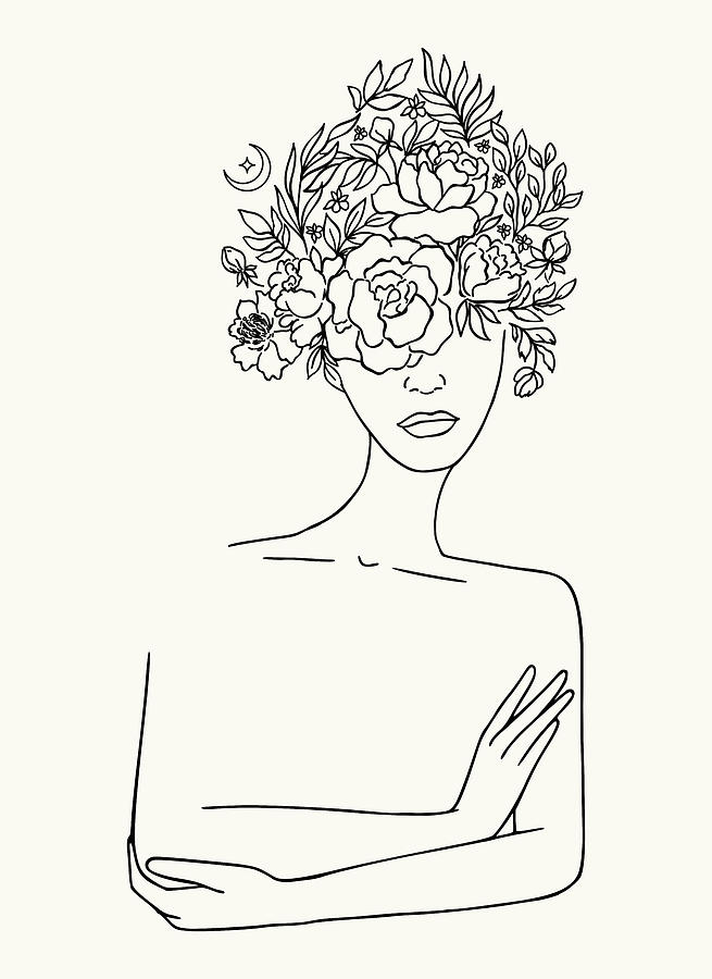 Woman With Floral Head Minimal Line Art Drawing by Maria Heyens