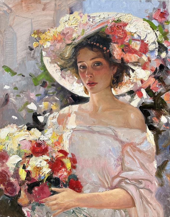 Flower Painting - Woman With Flowers by Khanlar Asadullayev