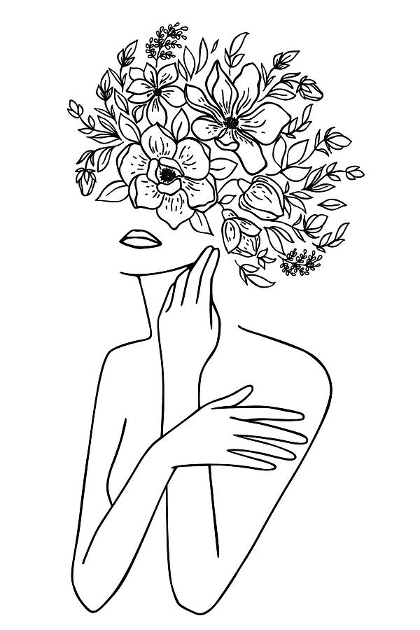 Woman With Flowers Minimal Line Art Drawing by Maria Heyens