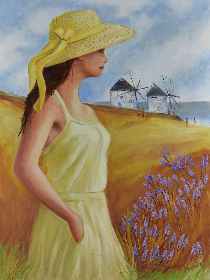 Woman with hat in Mykonos Painting by David Hardesty