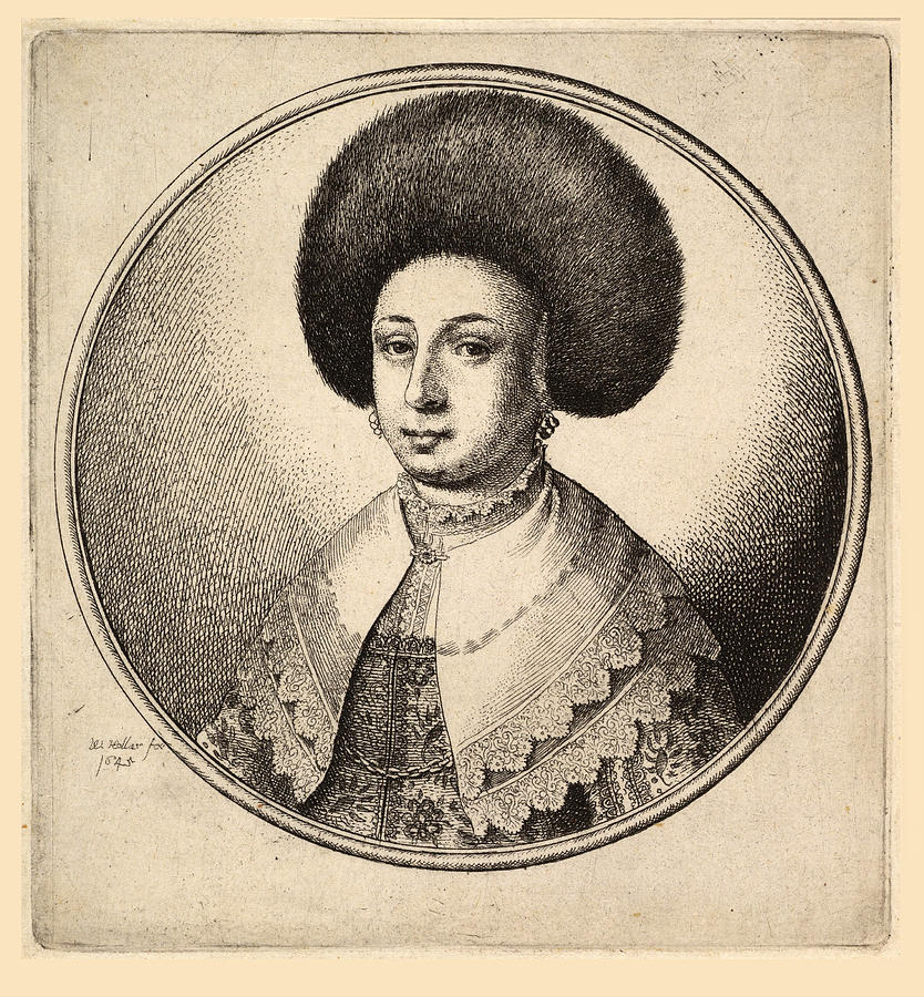 Woman with large circular fur hat and earrings Drawing by Wenceslaus Hollar