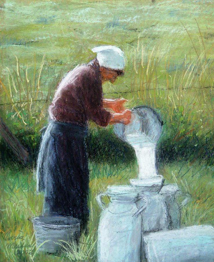 Woman with Milk Cans Pastel by Maria Meester