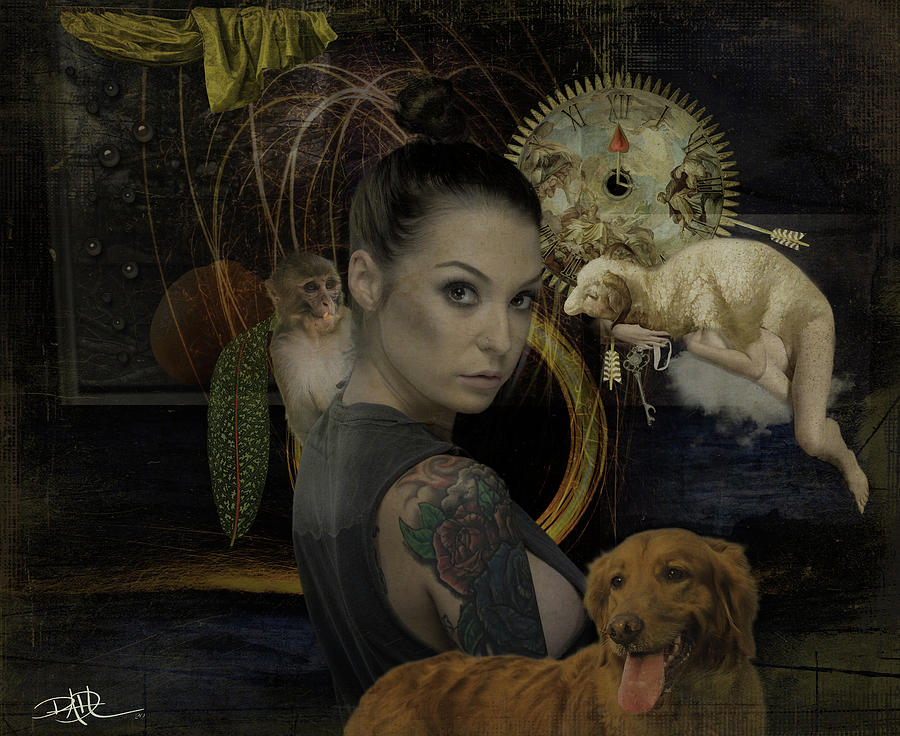 Woman with monkey, a dog, and nakedness Digital Art by Ricardo Dominguez