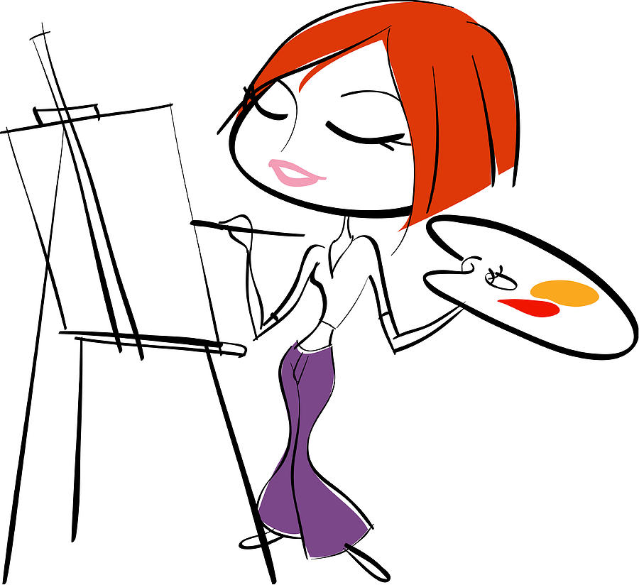 Woman with palette painting at easel Drawing by McMillan Digital Art