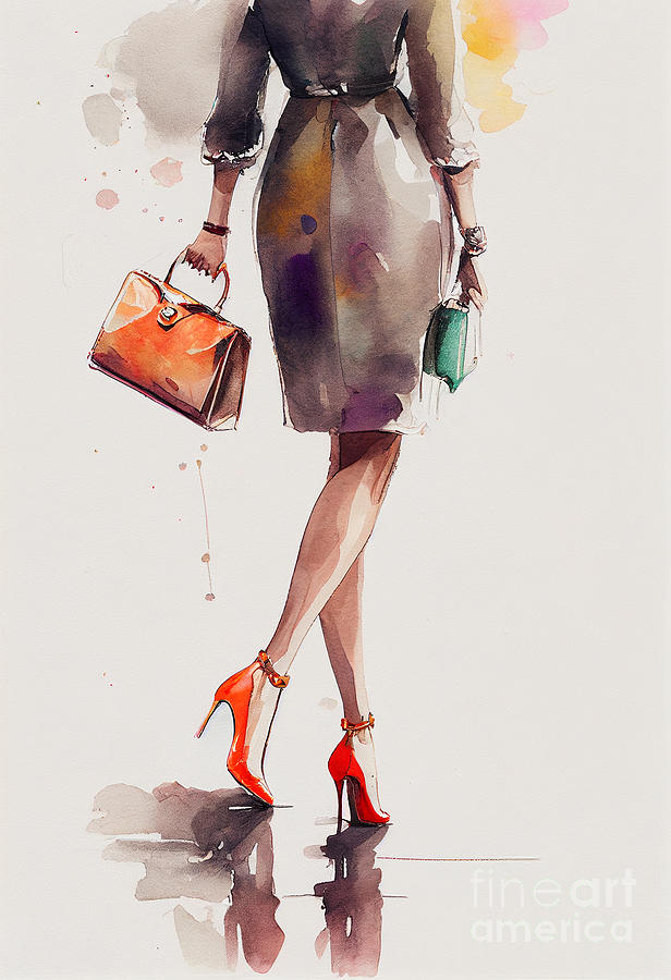 Woman with red high heels Painting by Delphimages Photo Creations