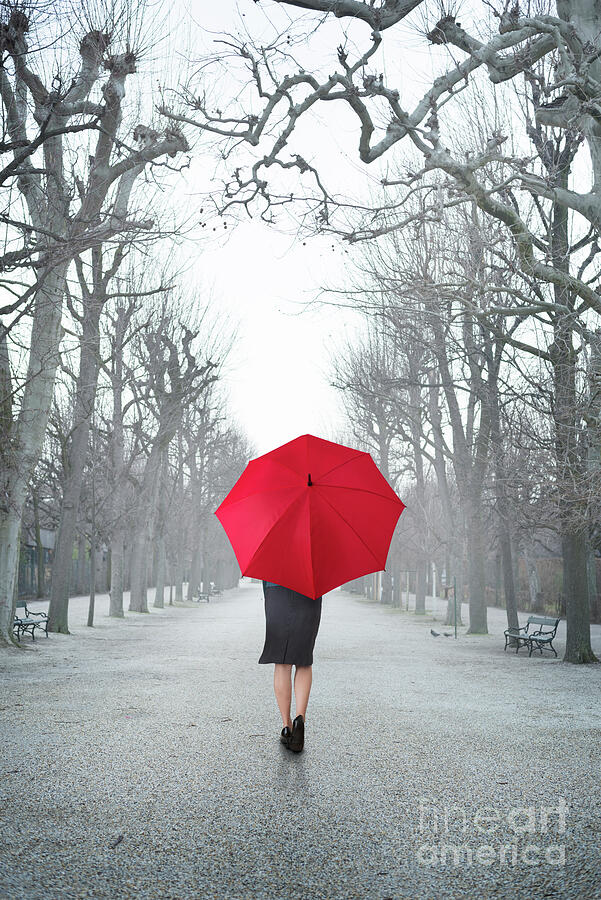 Vintage Photograph - Woman with red umbrella from behind walking in the park. by Jelena Jovanovic Vintage Photograph - Woman with red umbrella from behind walking in the park. by Jelena Jovanovic