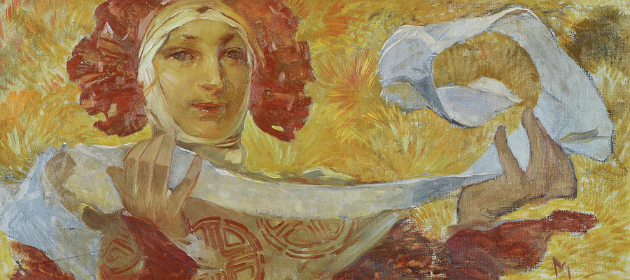 Woman with scarf. Painting by Alphonse Mucha -1860-1939-