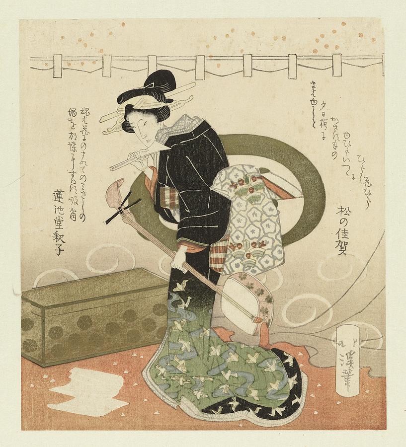 Woman with shamisen, Totoya Hokkei, 1823 Painting by Artistic Rifki