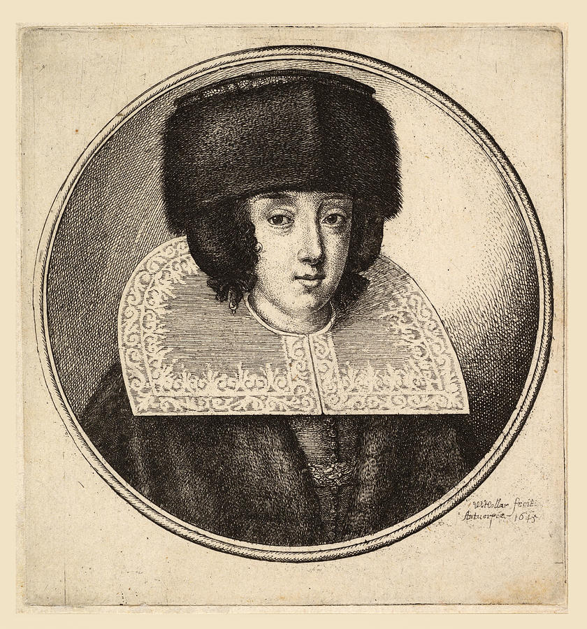 Woman with stiff lace collar and flat-crowned fur hat Drawing by Wenceslaus Hollar