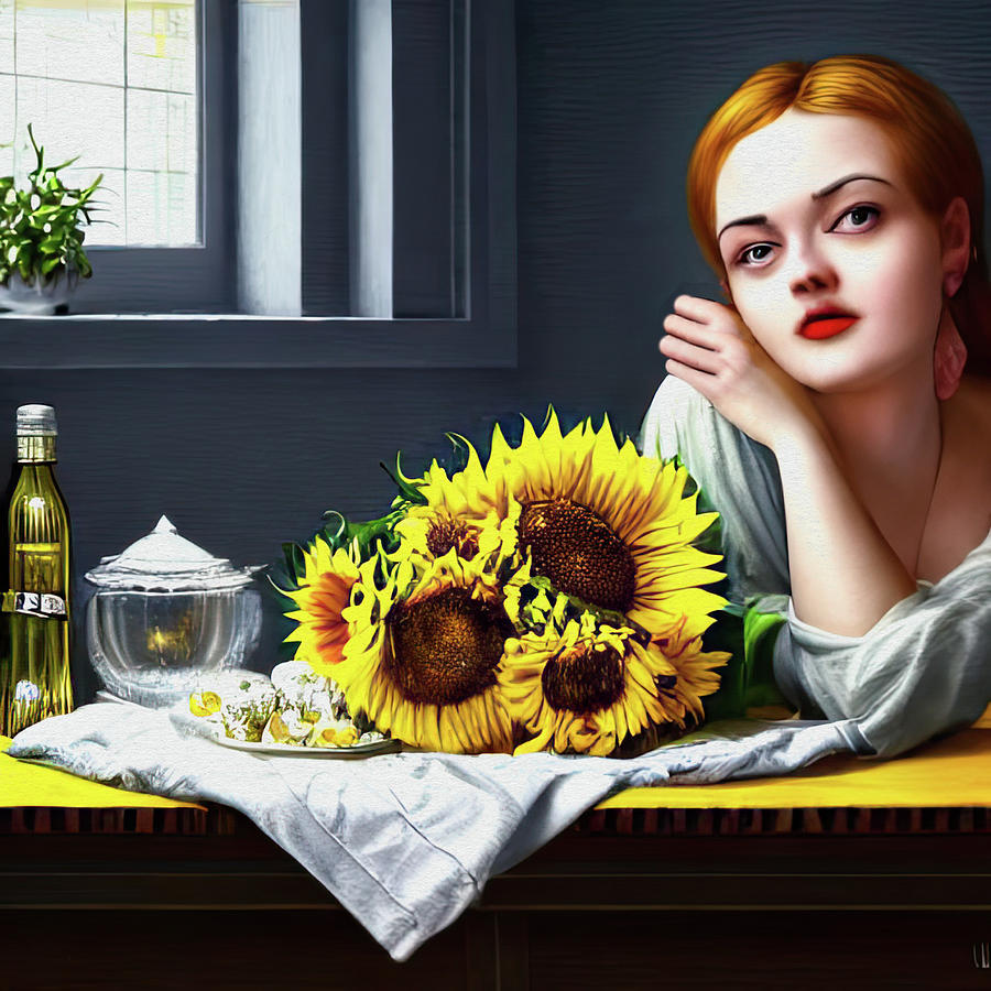 Woman with sunflowers Painting by Bob Orsillo