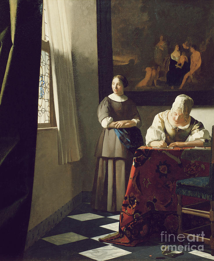 Jan Vermeer Painting - Woman writing a letter and maid  AKG178163 by Jan Vermeer