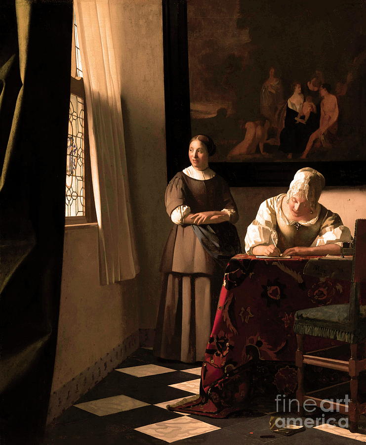 Woman Writing a Letter with her Maid Painting by Alexandra Arts