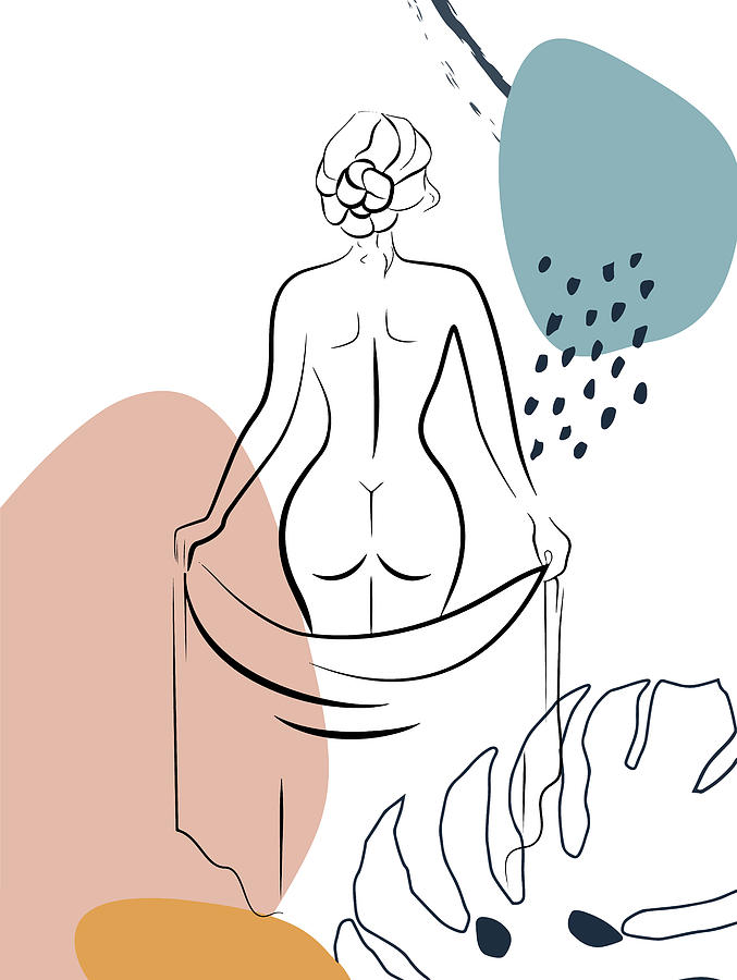 Naked Woman Drawing - Womans Back Print Female Body Art, One Line Drawing, Female Nude Art, Erotic Minimal Art Print by Mounir Khalfouf