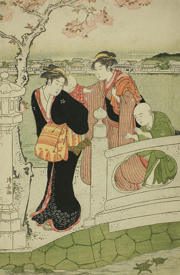Women and Children on the Causeway at Shinobazu Pond. Torii Kiyonaga, Japanese, 1752-1815. Painting by Torii Kiyonaga
