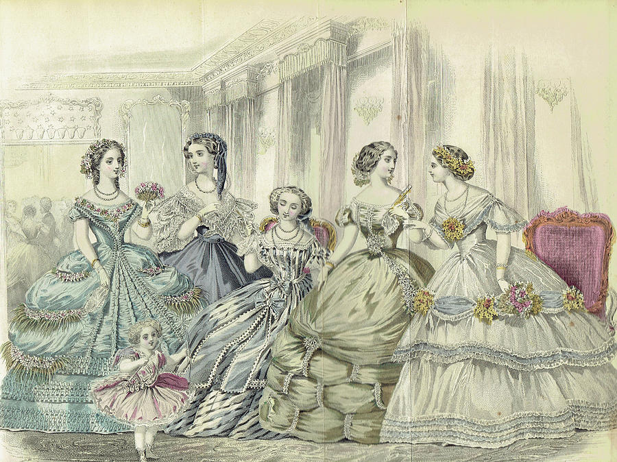 Women at a ball wearing Victorian era dresse Drawing by Steve Estvanik