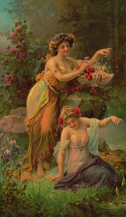 Flower Painting - Women in Draped Fabric with Flowers and Butterflies by Hans Zatzka