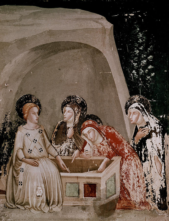 Women In Front Of The Tomb, Mural Painting In The Chapel Of San Miguel, Xiv Century, Catalan Gothic. Painting by Jaume Ferrer Bassa -1285-1348-