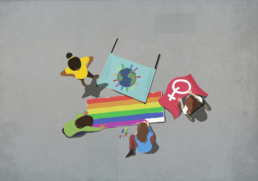 Women making gay pride posters Drawing by Malte Mueller
