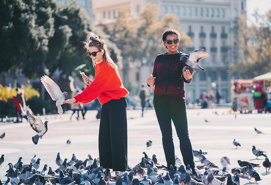 Women traveling in Europe and feeding pigeons in Barcelona Photograph by Martin-dm