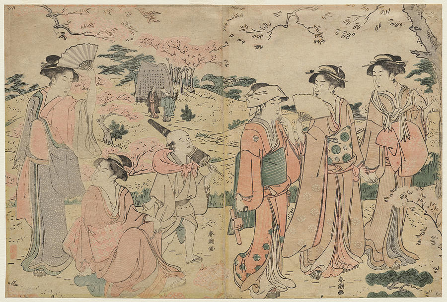 Women Viewing Cherry Blossoms at Asukayama 1780s Katsukawa Shuncho Painting by MotionAge Designs