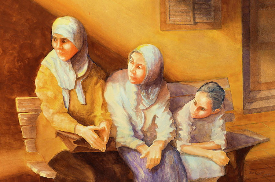 Women waiting in a Turkish plaza Painting by George Harth