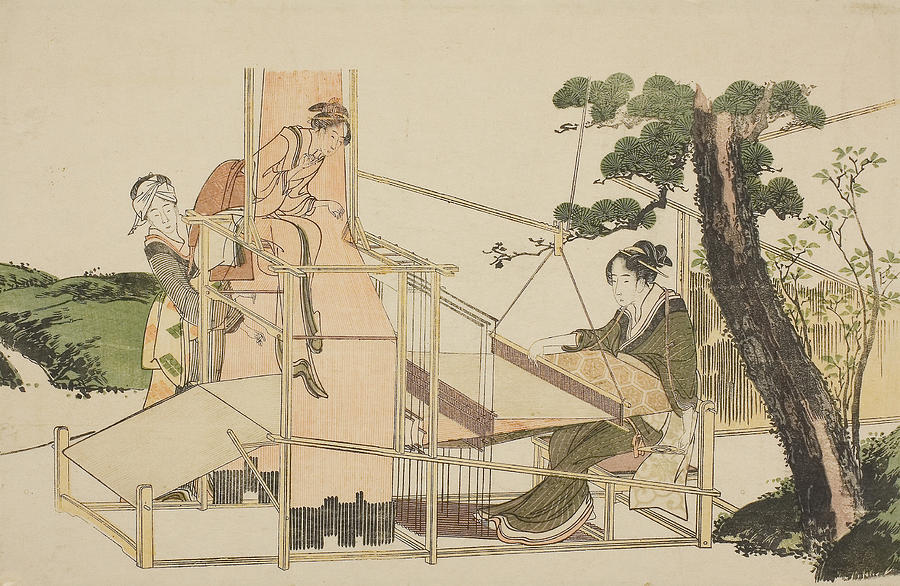 Women Weaving on a Loom Relief by Katsushika Hokusai
