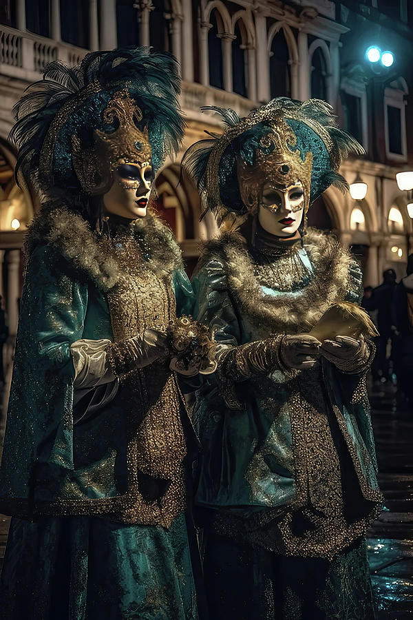 women with blue and gold  costumes and carnival masks in Venice  BuyIntoArt Photograph by Steve Estvanik