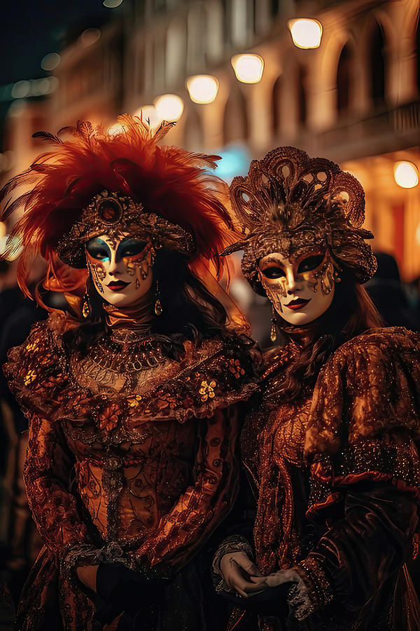 women with red and gold  costumes carnival masks in Venice Photograph by Steve Estvanik