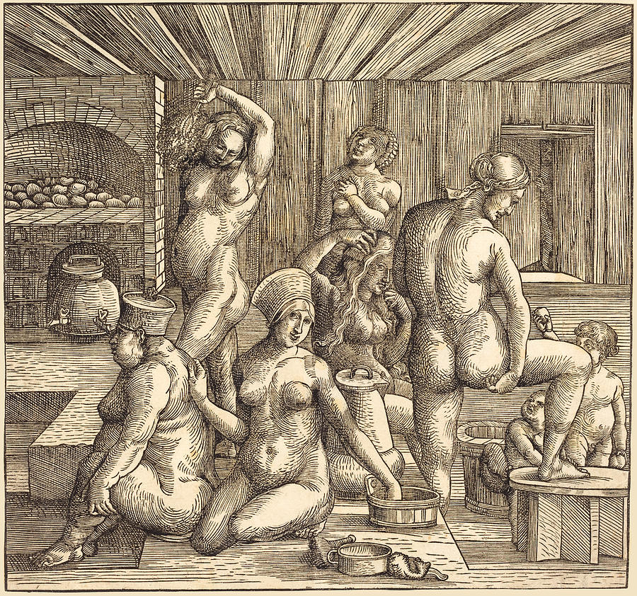 Womens Bath Drawing by Follower of Albrecht Duerer