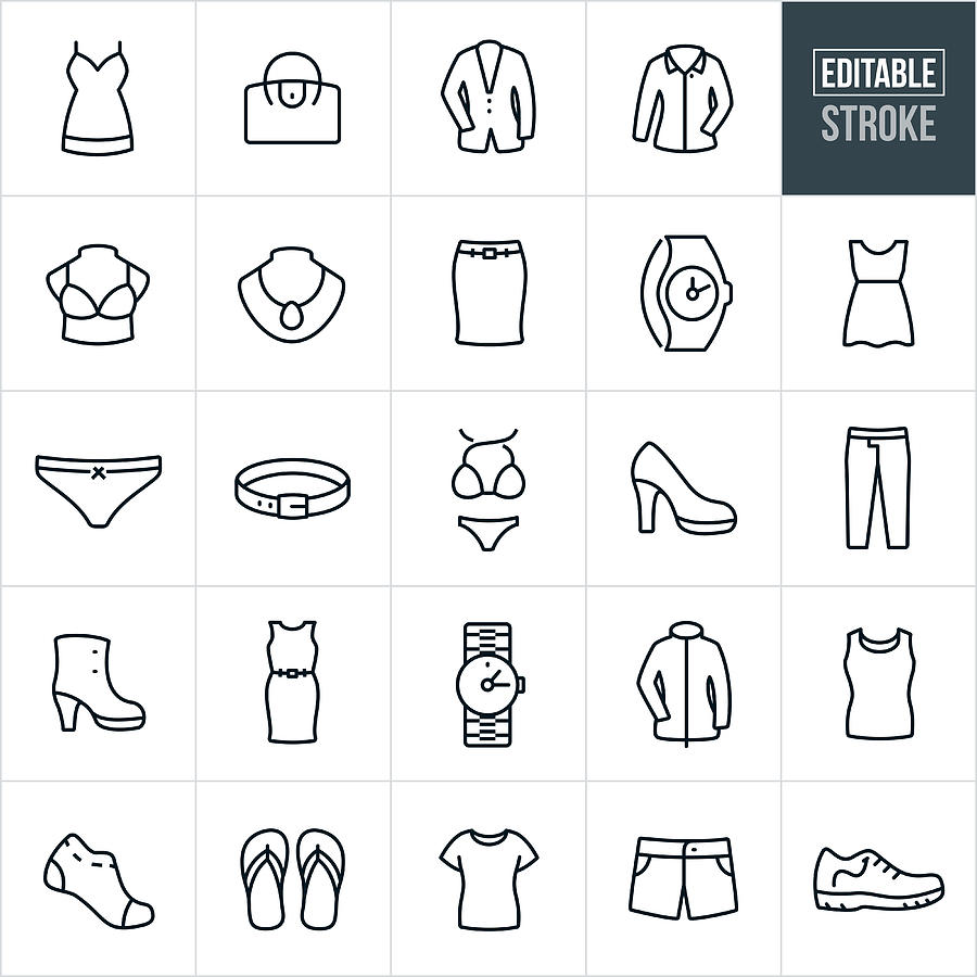 Womens Clothing Thin Line Icons - Editable Stroke Drawing by Appleuzr