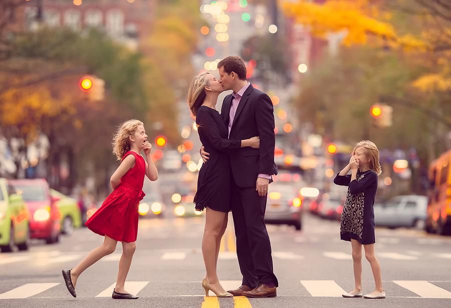 Wonderful Loving Couple Children Urban Traffic High Resolution Photograph