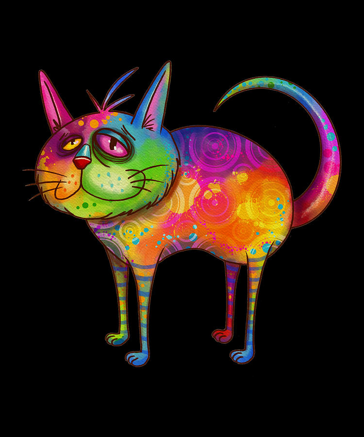 Wonderful rainbow colored cat cartoon style Digital Art by Norman W ...