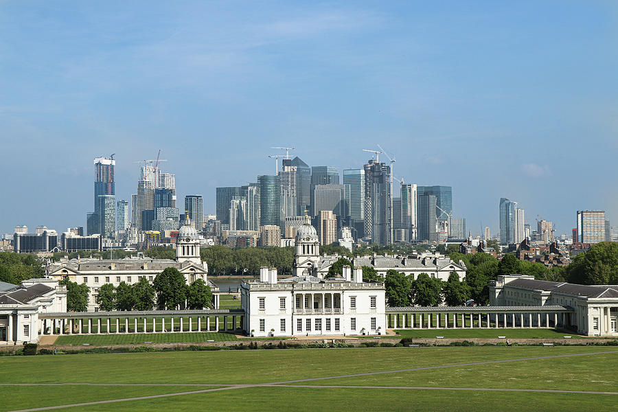 Wonderful scenery of London cityscape. Landscape including Queens house and Canary wharf with many skyscrapers. Ideal town panorama from greenwich observatory. Great Britain Photograph by Vaclav Sonnek