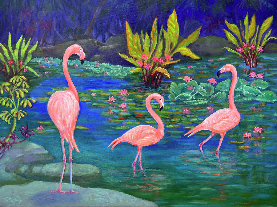 Wondergardens Flamingos Painting by Pat St Onge