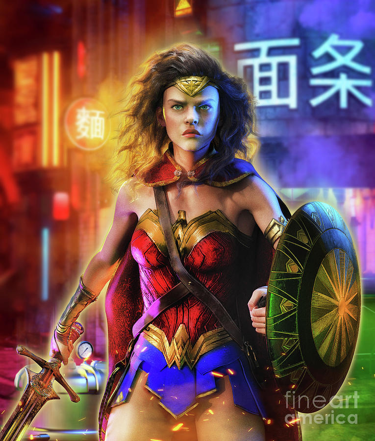 Wonderwoman fighting in city - Marvel digital art Digital Art by Stephan Grixti