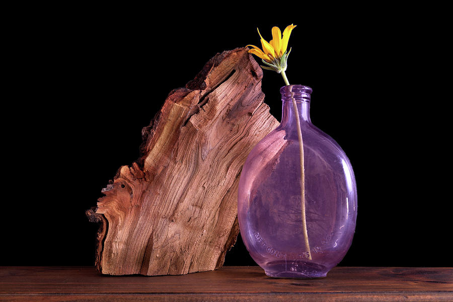 Wood And A Flower In A Purple Whiskey Flask Photograph by James Eddy